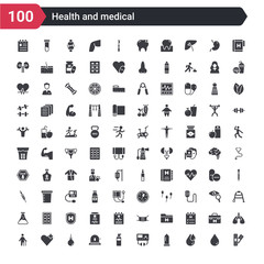 Fototapeta na wymiar 100 health and medical icons set such as band aid, blood drop, condom, defibrillator, desinfectant, emergency, enema, health care, injury