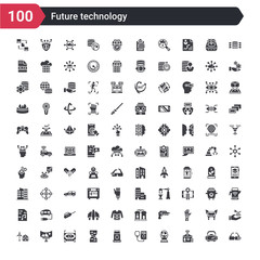 100 future technology icons set such as ar glasses, smart house, hologram, stethoscope, egg incubator, dna structure, eye scan, panoramic view, eolic energy