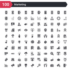 100 marketing icons set such as promoting, volunteer, protester, products, hand speaker, sport competition cup, calculating file, loud speakers, lowering graph