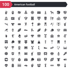 Fototapeta na wymiar 100 american football icons set such as bottle of water, barbell, american football cup, position, foam finger, whistle, lockers, trainer, american football jersey