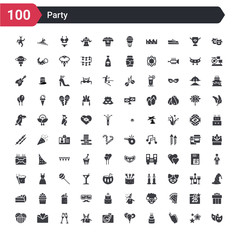 Naklejka premium 100 party icons set such as theatre masks, claping hands, birthday wish, three ornamental balloons, dj playing records, birthday friends, birthday toast, open envelope with heart letter, big ice