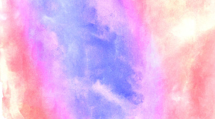 Smeared smooth bright purple and soft pink watercolor brush drawn background. Grunge light pastel colors ink glow aquarelle smudge illustration. Paper textured pattern for vintage design, retro card