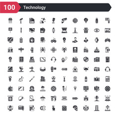 100 technology icons set such as cross stuck in ground, surveillance camera, face shield, electric socket on fire, touchscreen, technology, summary, hospital phone, cad