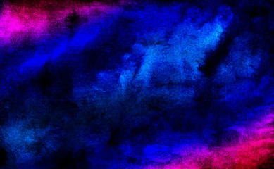 Vivid ink textured blue, pink and purple color canvas for modern design. Aquarelle smeared abstract cosmic bright vintage dark watercolour illustration. Neon watercolor on black paper background
