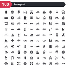 100 transport icons set such as black car, heavy vehicle, recycling truck, road sweeper, steering, gearshift, chassis, lifter, alloy wheel