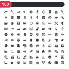 100 ui icons set such as web crawler, pie chart analysis interface, data interconnected, 3d data analytics dual bars, data search for interface, bars and line ascending of analytics, analysis pie