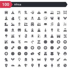 100 africa icons set such as africa, african, pyramids, african drum, south africa, baobab, desert, pickup truck, zebra