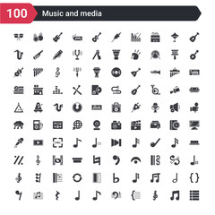 Fototapeta na wymiar 100 music and media icons set such as dotted barline, treble clef, brace, bass clef, sixteenth note, quarter note, quarter note rest, quaver, eight rest