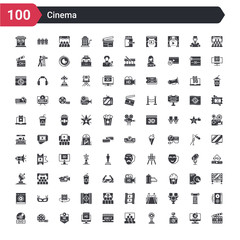 100 cinema icons set such as movie clapper open, dslr camera, award, people watching a movie, 1080p full hd, hd, 4k fullhd, big film roll, dvd