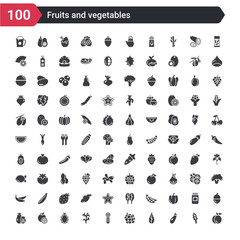 100 fruits and vegetables icons set such as apricot, aubergine, basil, blackberry, celery, dill, dragon fruit, grapefruit, guava