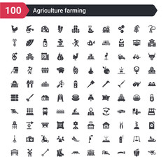 100 agriculture farming icons set such as barrow, caterpillar, combine harvester, farm field, farm trailer, farmer boots, farming fork, flour mill, garden bench