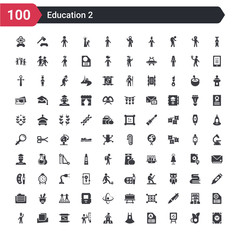 100 education icons set such as dictionary, chalkboard, exam, uniform, school, teacher, papyrus, cube, graduate