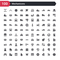 Fototapeta na wymiar 100 mechanicons icons set such as car speedometer, repair mechanism, car wheel, car wash machine, pistons cross, change oil, inside a garage, in a gas station, repairing