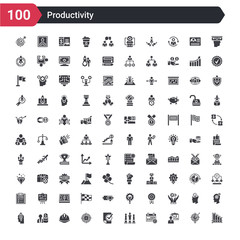100 productivity icons set such as bar graph, businessman and tactics, calendar with deadlines, competition, done, gun target, hard hat, man and dollar coin, mind charge