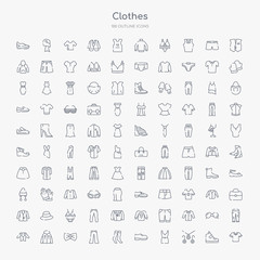 100 clothes outline icons set such as cotton polo shirt, jewelry set, cocktail dress, leather derby shoe, women socks, chinos pants, bow tie, hooded jacket