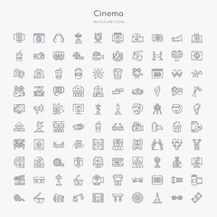 100 cinema outline icons set such as image fotogram, mole antonelliana in turin, round carpet, solid, watching a video on a tablet, jimmy jib, film strip with play triangle, movie clapper