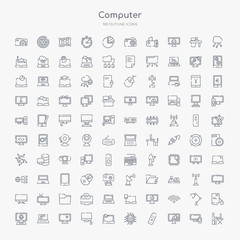 100 computer outline icons set such as work station, industrial, tv remote, chips, notebook and mouse cursor, monitor and computer mouse, monitor with mouse cursor, video lecture