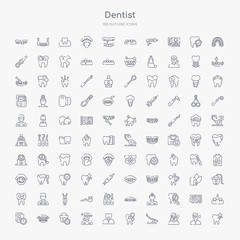 100 dentist outline icons set such as tooth whitening, sick girl, dentist chair, cavities, implant, healthy boy, medical appointment, dentures