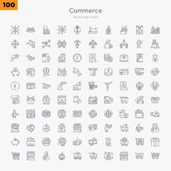 100 commerce outline icons set such as checke, front store with awning, online store cart, add to cart, take out from the cart, eco label, full money bag, shopping store