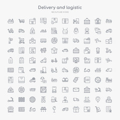 100 delivery and logistic outline icons set such as certificate, package, gift, delivery truck, fragile, conveyor, motorbike, barcode