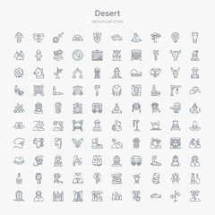 100 desert outline icons set such as palm, pick up, scorpion, tower, industry, petroleum, mosque, sheik