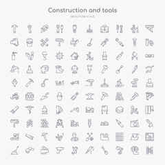100 construction and tools outline icons set such as scaffolding, improvement, spade, iron soldering, pencil and ruler, caulk gun, allen keys, metal saw