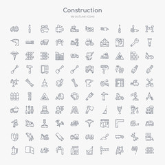 100 construction outline icons set such as constructing a brick wall, derrick with boxes, road barrier, stairs with handle, house plan, stopcock, backhoes, doors open