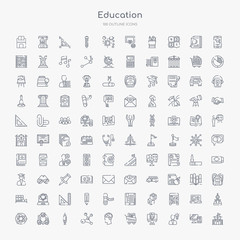 100 education outline icons set such as old school, having an idea, online test, shopping cart, human brain, molecular bond, syringe, computer and network