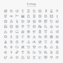 100 ecology outline icons set such as plant on a hand, solar energy, two leaves, plant a tree, reload, apple and books, sunlight, growing plant