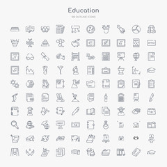 100 education outline icons set such as graduate cap, three books, open file, arrange, lunchbox, mie, fraternity, hand care