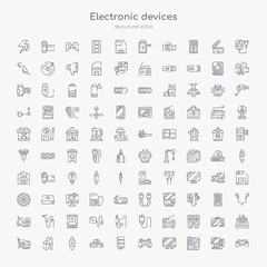 100 electronic devices outline icons set such as game controller, motherboard, smart tv, joystick, server, game console, smartwatch, mouse