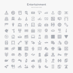 100 entertainment outline icons set such as carousel horse, gold ticket, hopscotch, bottles ball, shoot duck, swan boat, sandbox, spinning wheel