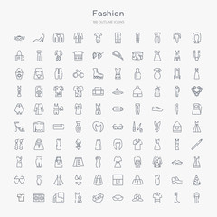 100 fashion outline icons set such as working coverall, safety shirt, firefighter hat, eyewear, sleeping mask, wellness coach, office briefcase, laundry zone