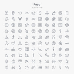 100 food outline icons set such as toffee, fried eggs, sushi roll, pancake, fruits, apple fruit, wine glass and bottle, cooking on the barbecue