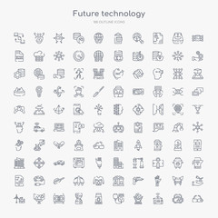 Fototapeta na wymiar 100 future technology outline icons set such as ar glasses, smart house, hologram, stethoscope, egg incubator, dna structure, eye scan, panoramic view
