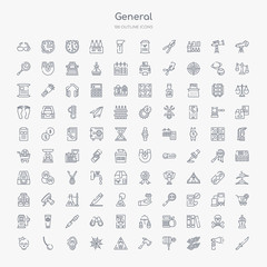 100 general outline icons set such as strong knife, two knots rope, fire hose, fire axe, oxidant, spiderweb, ghost face, chain ball