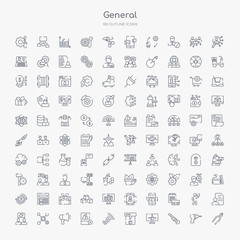 100 general outline icons set such as nail puller, stationery knife, 3d modeling, 3d printing, active sensor, add photos, advertising agency, advertising networks