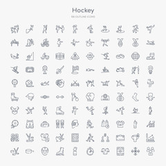 100 hockey outline icons set such as audience, ice court, clothes, timer, water bottle, ice skate, hockey mask, puck