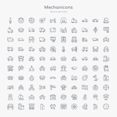 100 mechanicons outline icons set such as car speedometer, repair mechanism, car wheel, car wash machine, pistons cross, change oil, inside a garage, in a gas station