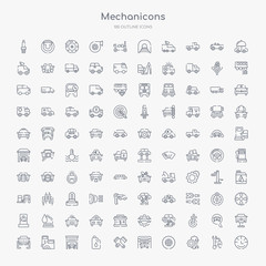 100 mechanicons outline icons set such as car speedometer, repair mechanism, car wheel, car wash machine, pistons cross, change oil, inside a garage, in a gas station