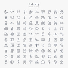 100 industry outline icons set such as sewage, piston, lift, oil tank, uncoiler, electrolysis, crusher, electronic print machine