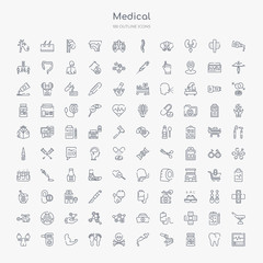 100 medical outline icons set such as cardiogram, pills jar, acid falling on hand, eye dropper, skull and bone, dead, strong, breath control