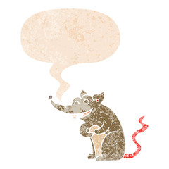 cartoon rat and speech bubble in retro textured style