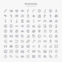 100 multimedia outline icons set such as substance, multimedia, favorites, switches, interface, roll, chat speech bubbles, conversation speech bubbles