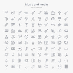 100 music and media outline icons set such as dotted barline, treble clef, brace, bass clef, sixteenth note, quarter note, quarter note rest, quaver