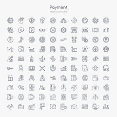 Fototapeta na wymiar 100 payment outline icons set such as cashier, card, online shopping, payment, dollar, cut card, cheque, voucher