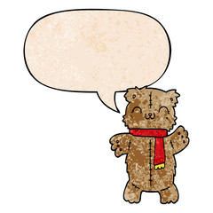 cartoon teddy bear and speech bubble in retro texture style