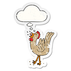 cartoon crowing cockerel and thought bubble as a distressed worn sticker