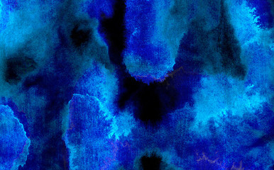 Deep dark glowing blue neon watercolor on black paper illustration. Creative lightning night sky and thunder background. Aquarelle painted ink canvas, cosmic card template for modern design