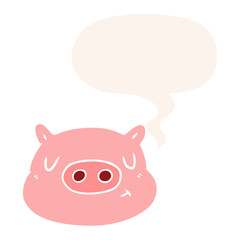 cartoon pig face and speech bubble in retro style